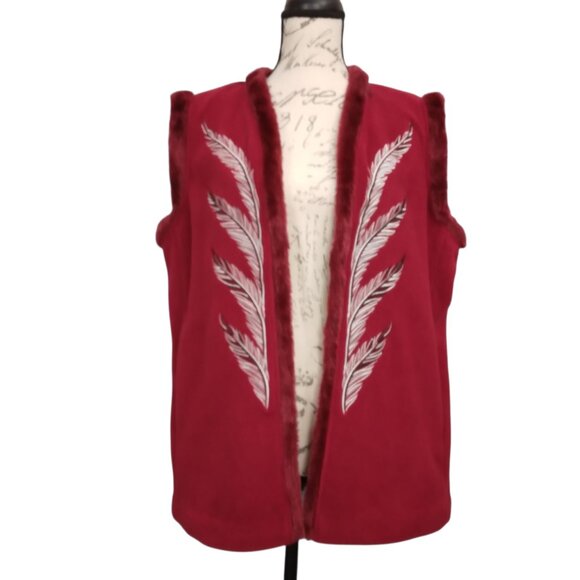 Bob Mackie | Cranberry Red Embroidered Fleece Vest Front Zip | Size L - Picture 2 of 8